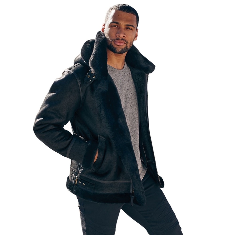 Overland Classic Sheepskin B-3 Bomber Jacket Mens SZ M Black Hooded Leather Coat